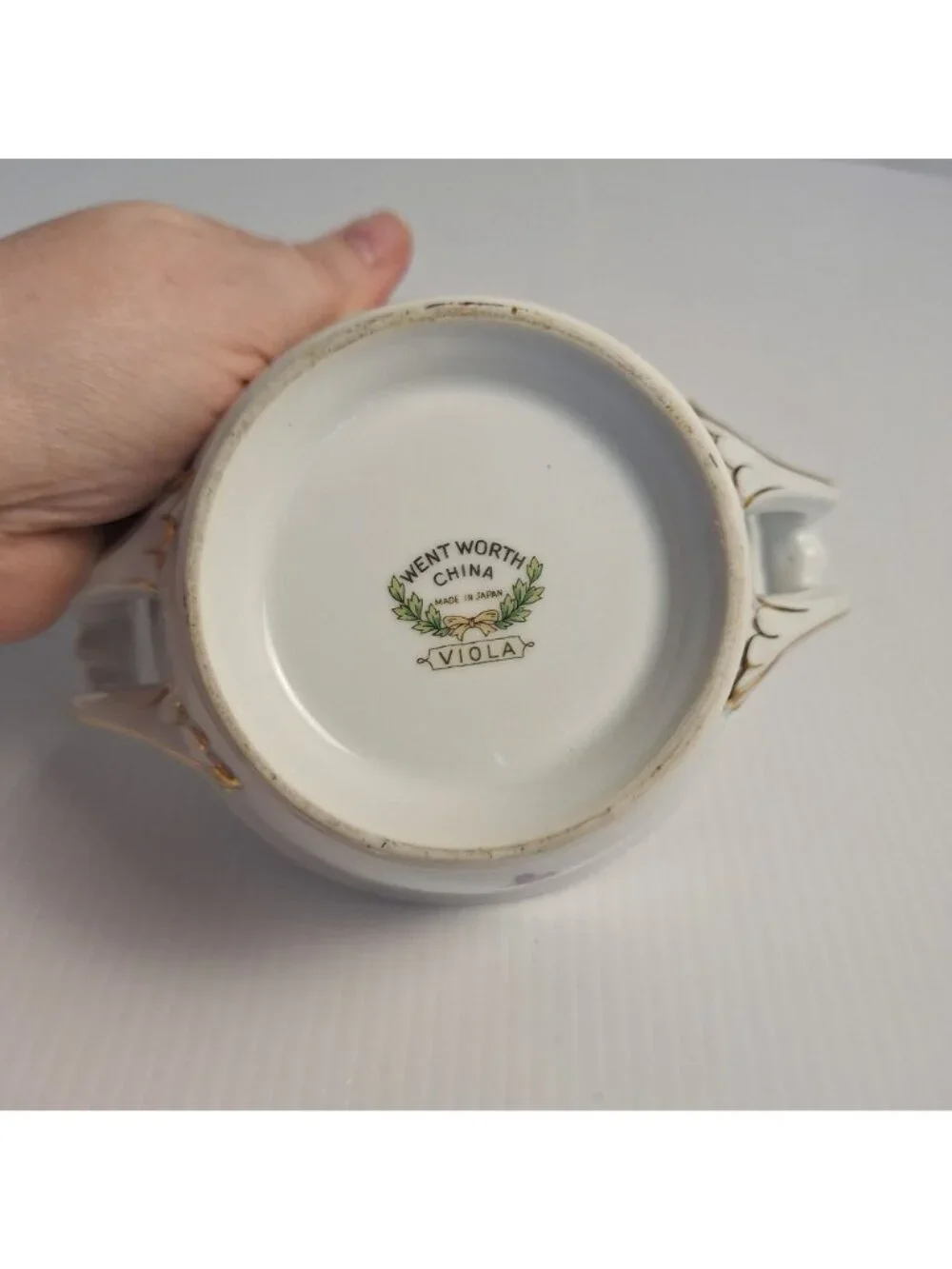 WENTWORTH CHINA JAPAN PURPLE FLORAL GOLD TRIM CREAM AND LIDDED SUGAR SET VIOLA